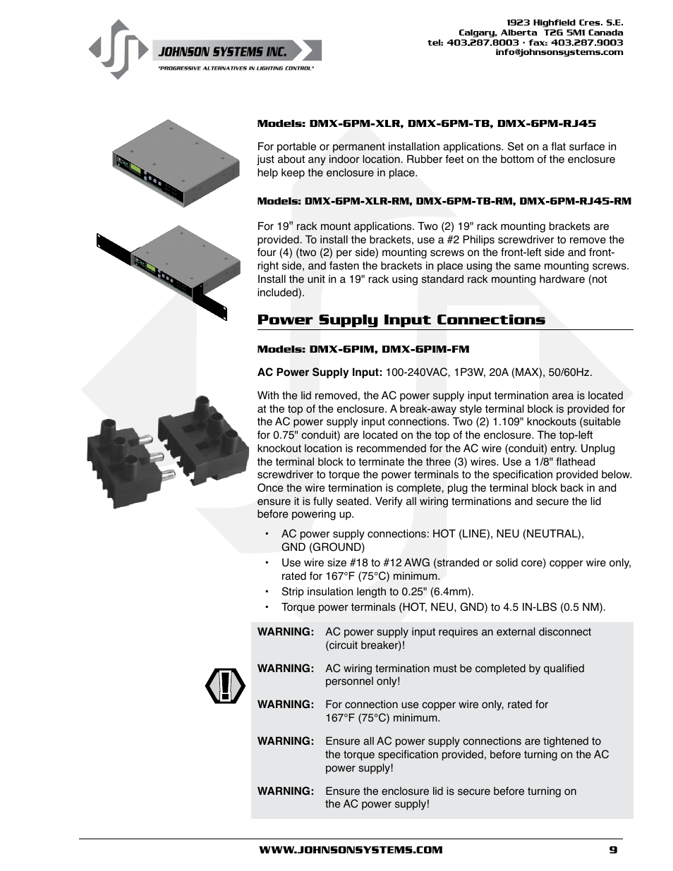 Power supply input connections | Johnson Systems DMX 6-PORT MERGER User Manual | Page 9 / 26