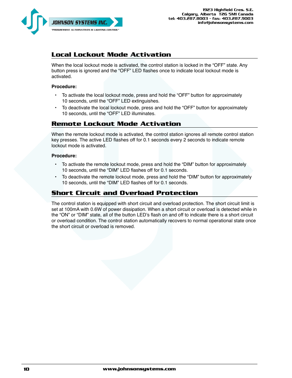 Local lockout mode activation, Remote lockout mode activation, Short circuit and overload protection | Johnson Systems CS-SA Series Time Fade Stations User Manual | Page 10 / 12