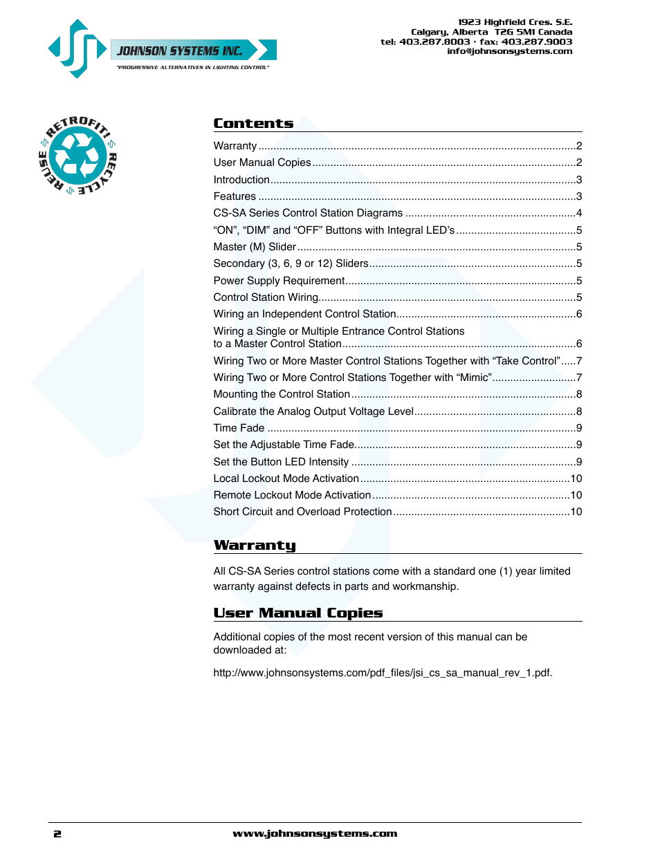 Johnson Systems CS-SA Series Time Fade Stations User Manual | Page 2 / 12