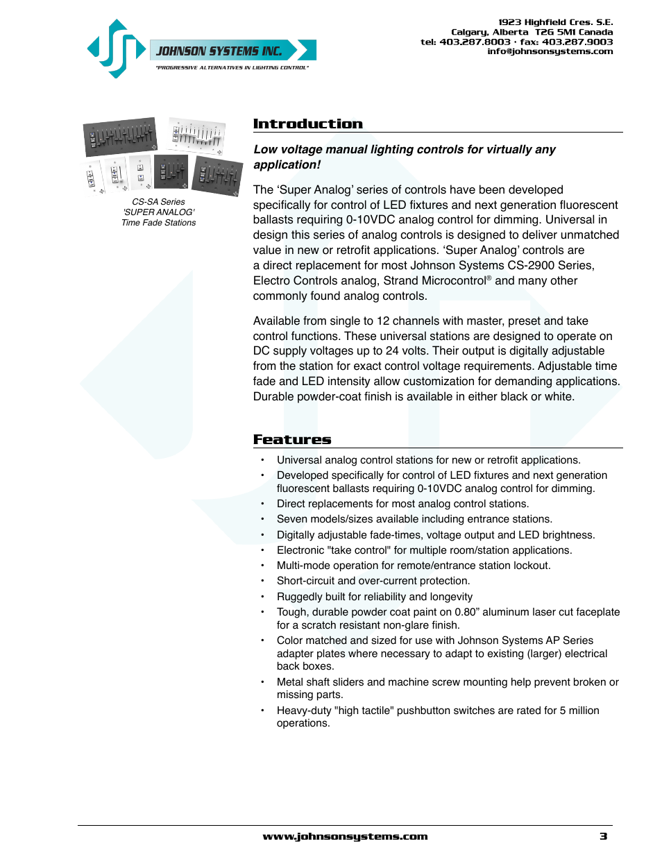 Introduction features, Introduction, Features | Johnson Systems CS-SA Series Time Fade Stations User Manual | Page 3 / 12