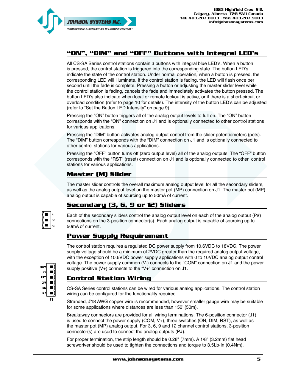 On”, “dim” and “off” buttons with integral led’s, Master (m) slider, Power supply requirement | Control station wiring | Johnson Systems CS-SA Series Time Fade Stations User Manual | Page 5 / 12