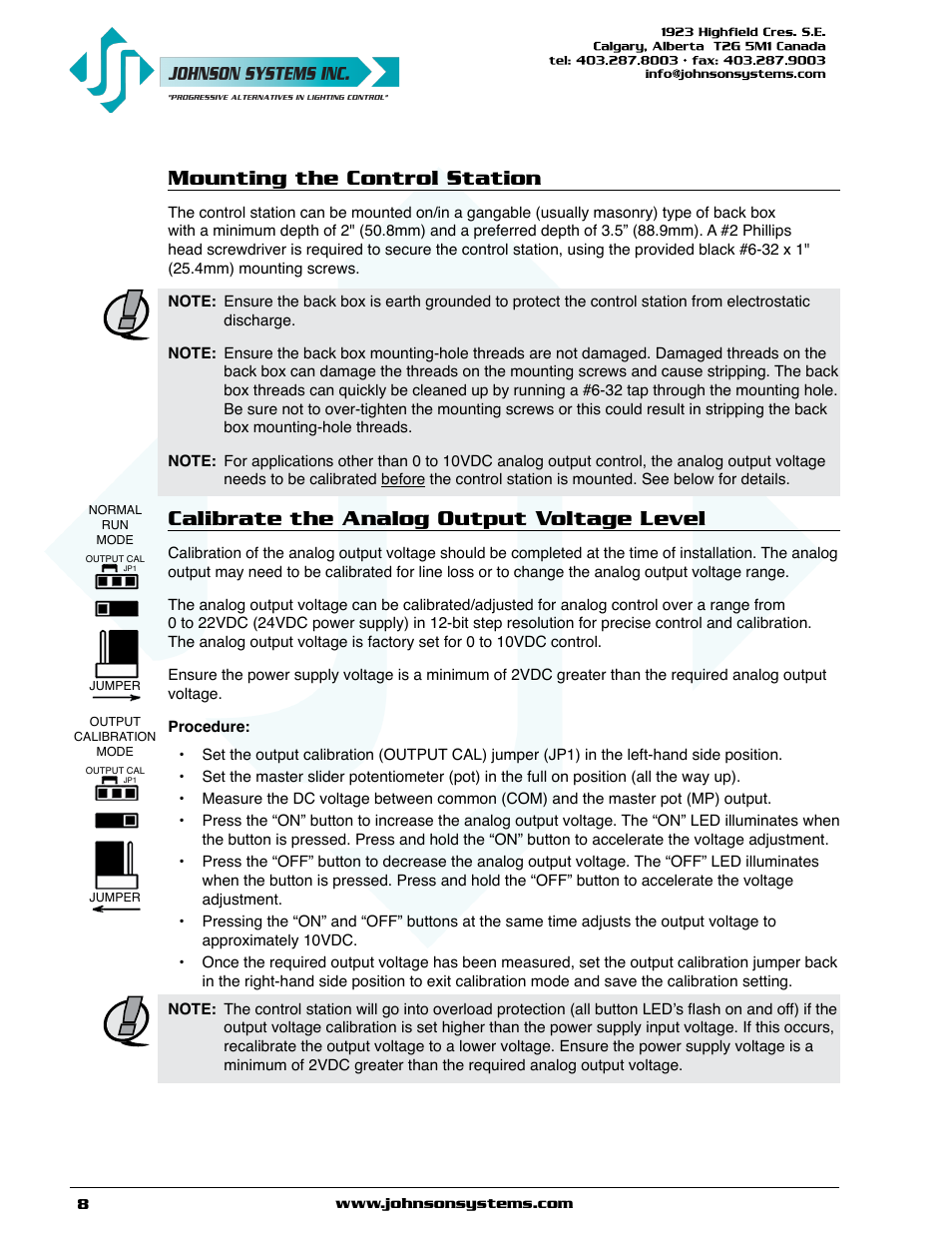 Mounting the control station, Calibrate the analog output voltage level | Johnson Systems CS-SA Series Time Fade Stations User Manual | Page 8 / 12
