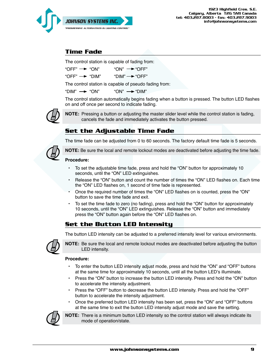 Time fade, Set the adjustable time fade, Set the button led intensity | Johnson Systems CS-SA Series Time Fade Stations User Manual | Page 9 / 12