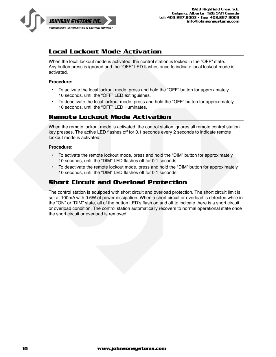 Local lockout mode activation, Remote lockout mode activation, Short circuit and overload protection | Johnson Systems CS-DMX Series Programmable Stations User Manual | Page 10 / 12