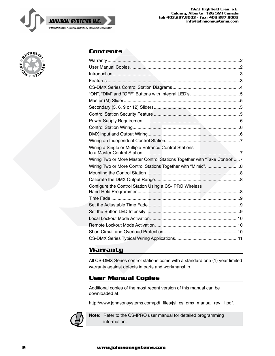 Johnson Systems CS-DMX Series Programmable Stations User Manual | Page 2 / 12