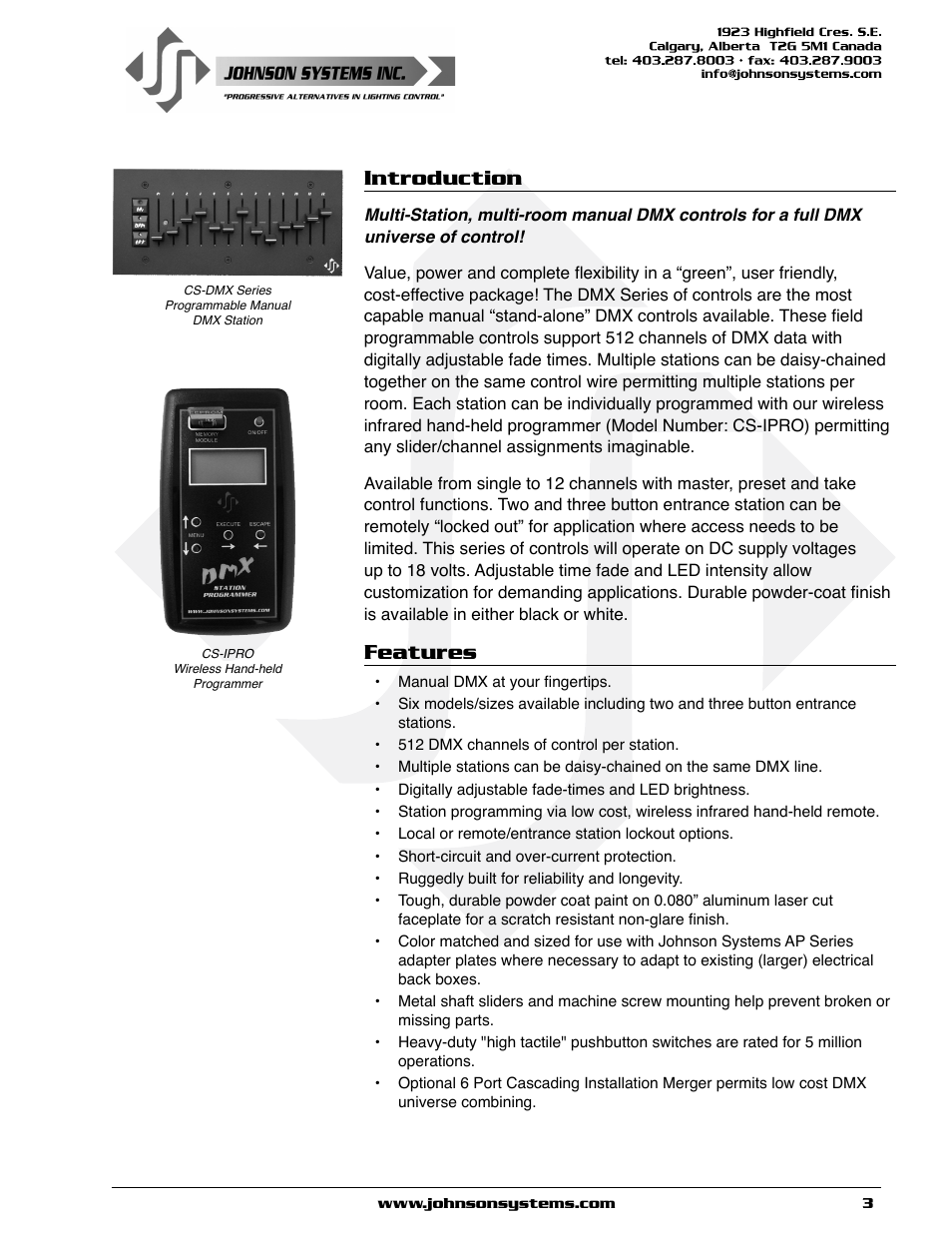 Introduction features, Introduction, Features | Johnson Systems CS-DMX Series Programmable Stations User Manual | Page 3 / 12