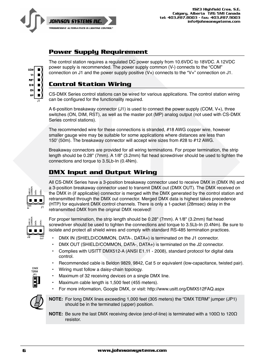 Power supply requirement, Control station wiring, Dmx input and output wiring | Johnson Systems CS-DMX Series Programmable Stations User Manual | Page 6 / 12