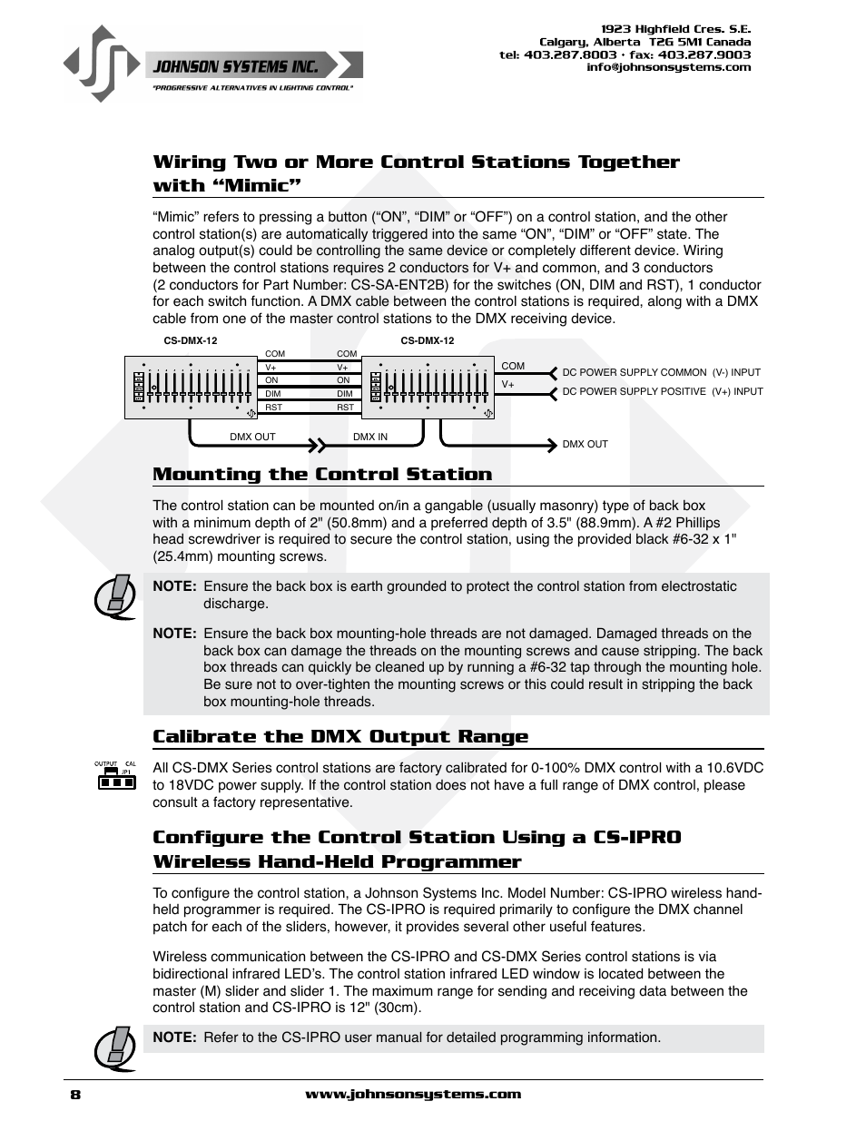 Hand-held programmer, Mounting the control station, Calibrate the dmx output range | Johnson Systems CS-DMX Series Programmable Stations User Manual | Page 8 / 12