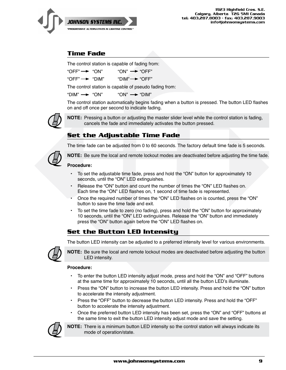 Time fade, Set the adjustable time fade, Set the button led intensity | Johnson Systems CS-DMX Series Programmable Stations User Manual | Page 9 / 12