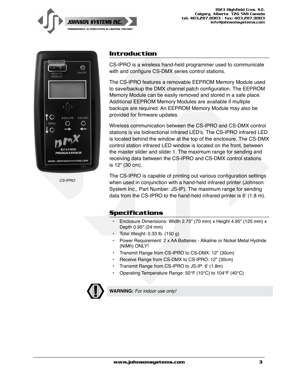 Introduction, Specifications, Introduction specifications | Johnson Systems CS-IPRO Wireless Hand-Held Programmer for CS-DMX Series User Manual | Page 3 / 12