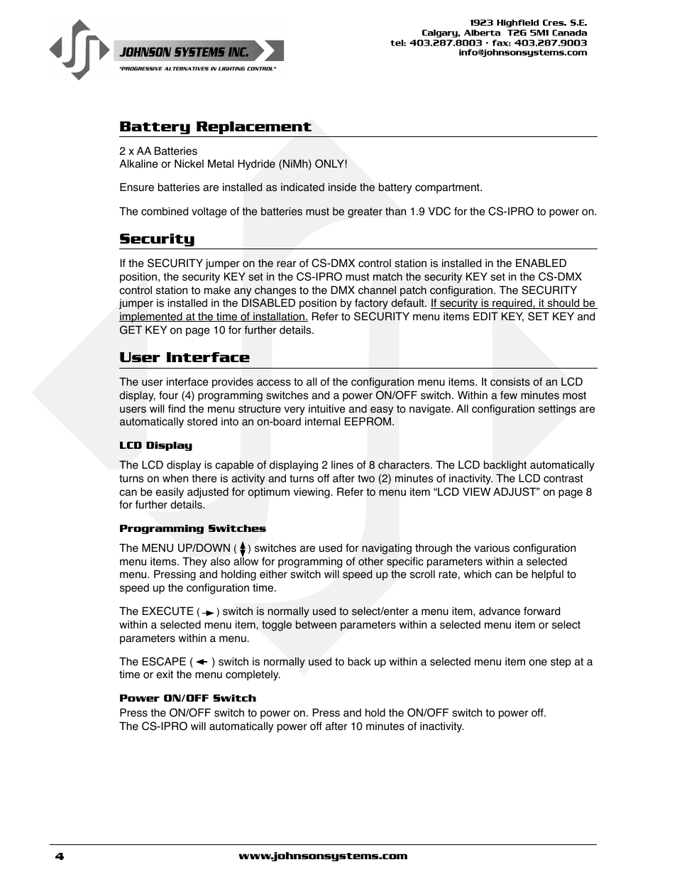 Battery replacement, Security, User interface | Battery replacement security user interface | Johnson Systems CS-IPRO Wireless Hand-Held Programmer for CS-DMX Series User Manual | Page 4 / 12