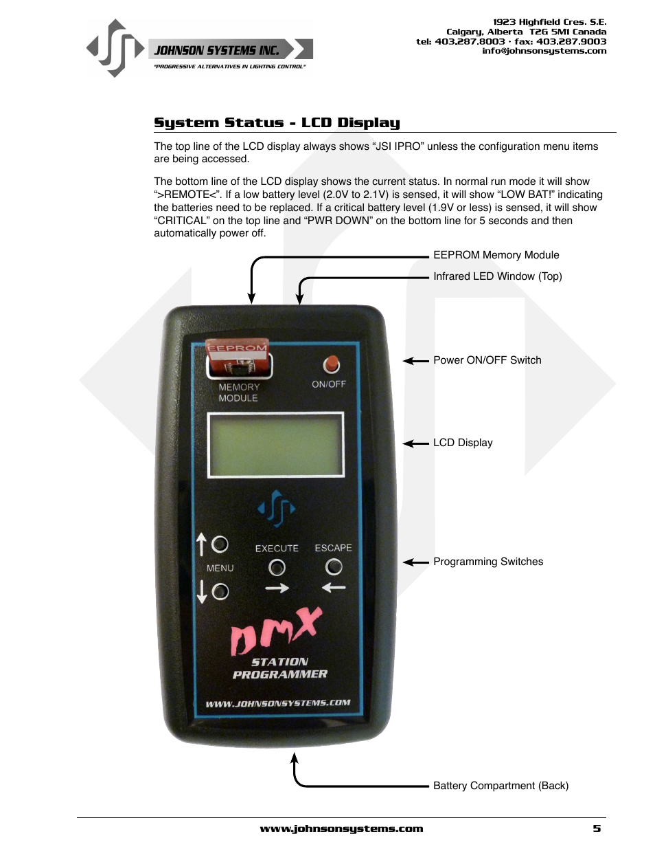 System status - lcd display | Johnson Systems CS-IPRO Wireless Hand-Held Programmer for CS-DMX Series User Manual | Page 5 / 12