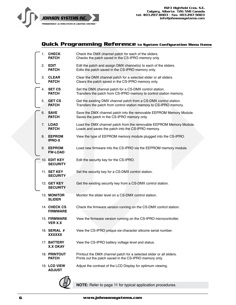 Quick programming reference, To system configuration menu items | Johnson Systems CS-IPRO Wireless Hand-Held Programmer for CS-DMX Series User Manual | Page 6 / 12