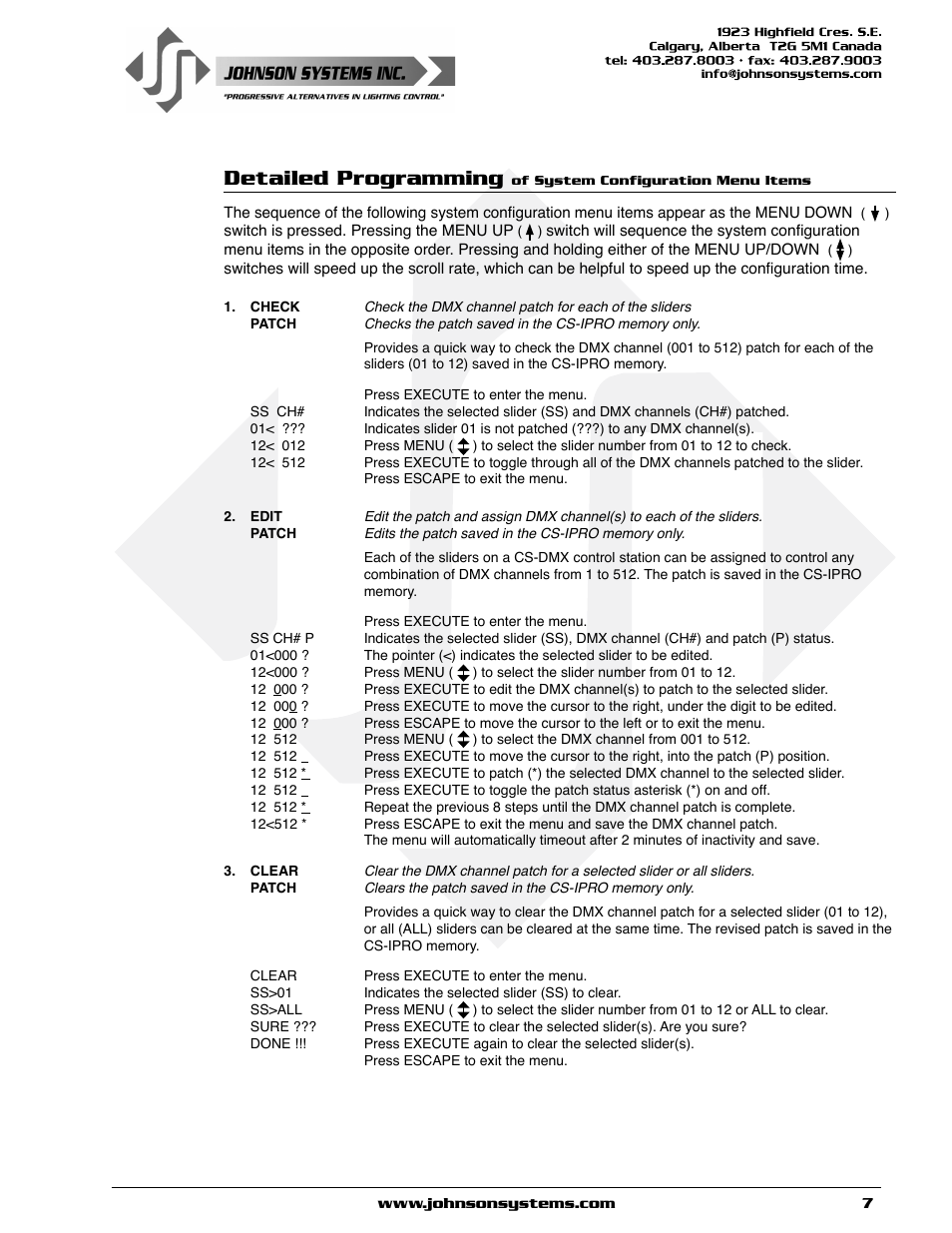 Detailed programming, Of system configuration menu items | Johnson Systems CS-IPRO Wireless Hand-Held Programmer for CS-DMX Series User Manual | Page 7 / 12