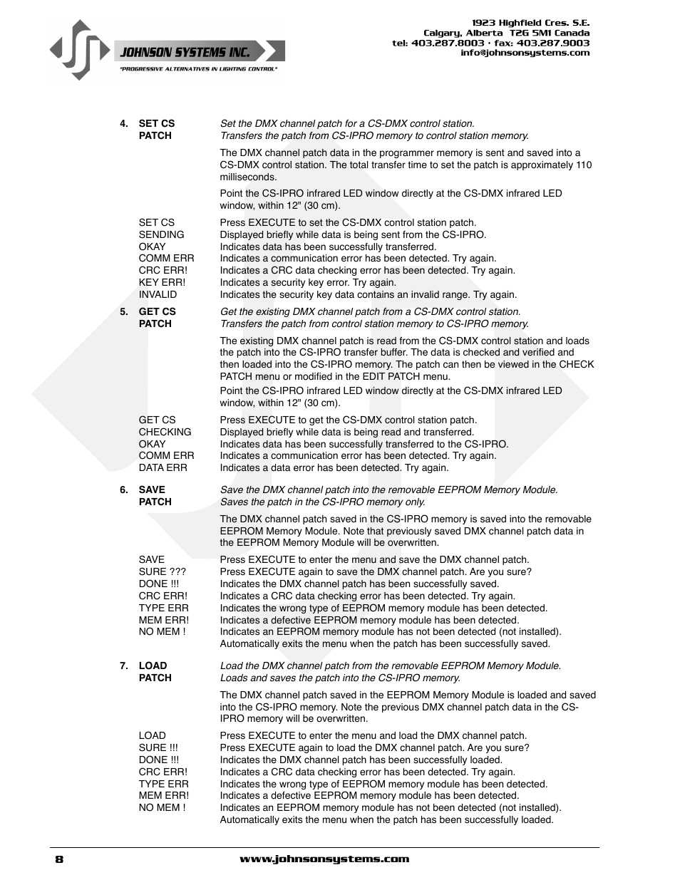 Johnson Systems CS-IPRO Wireless Hand-Held Programmer for CS-DMX Series User Manual | Page 8 / 12