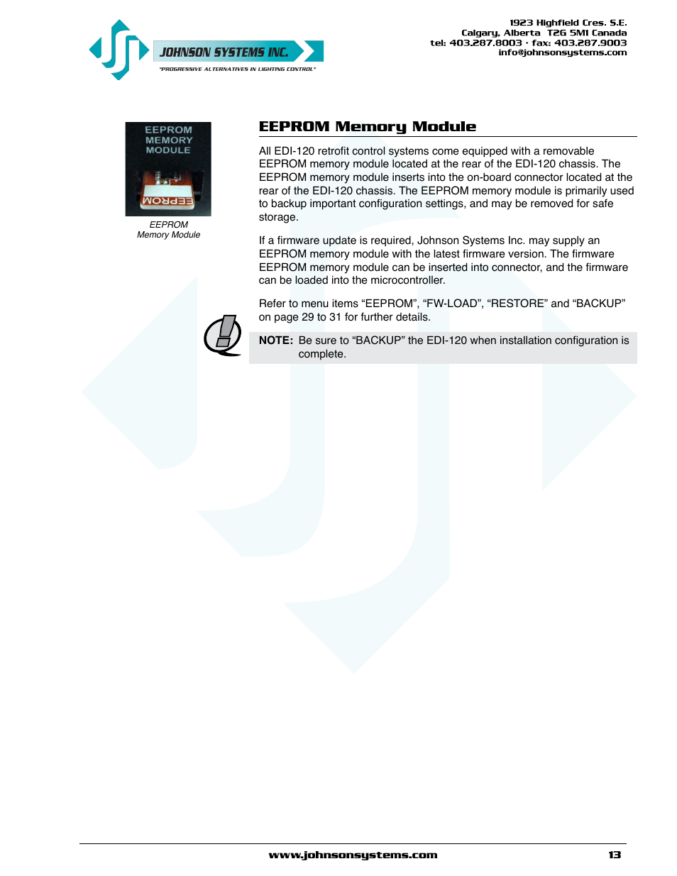 Eeprom memory module | Johnson Systems EDI-120 Control Retrofit User Manual | Page 13 / 36