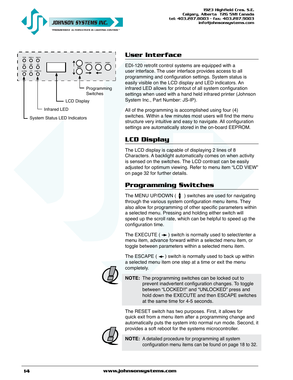 User interface, Lcd display, Programming switches | User interface lcd display programming switches | Johnson Systems EDI-120 Control Retrofit User Manual | Page 14 / 36