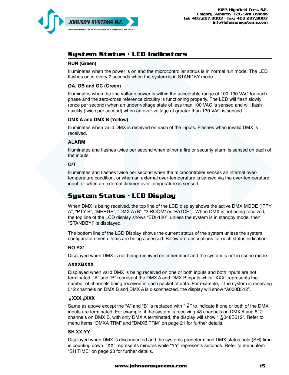 System status • led indicators, System status • lcd display | Johnson Systems EDI-120 Control Retrofit User Manual | Page 15 / 36