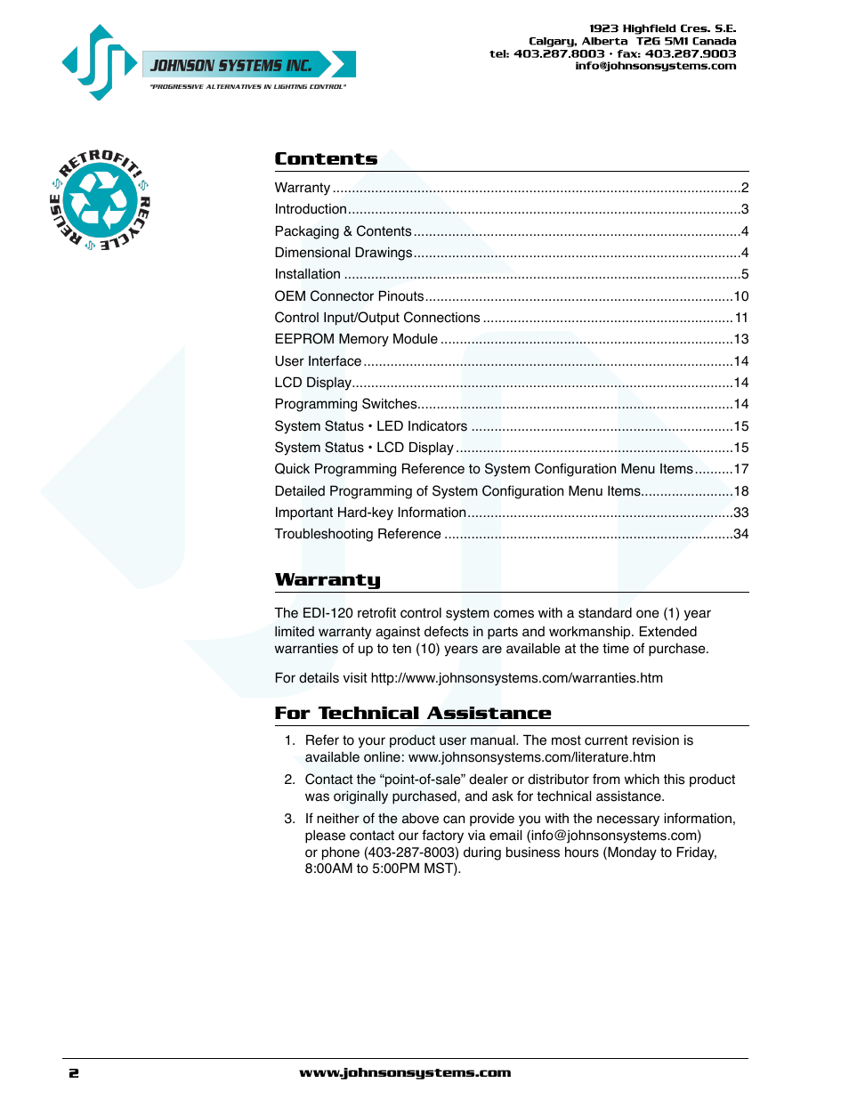Johnson Systems EDI-120 Control Retrofit User Manual | Page 2 / 36