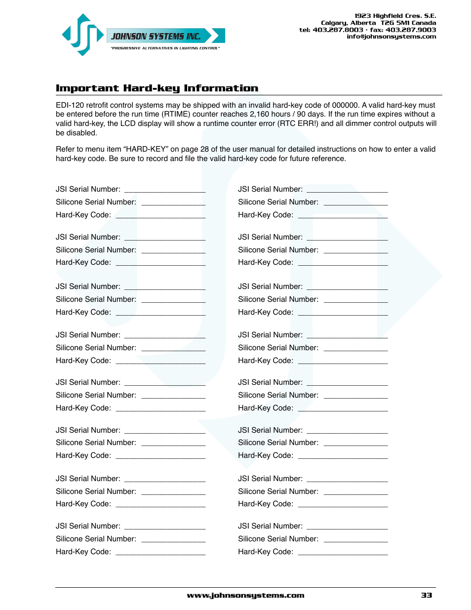 Important hard-key information | Johnson Systems EDI-120 Control Retrofit User Manual | Page 33 / 36