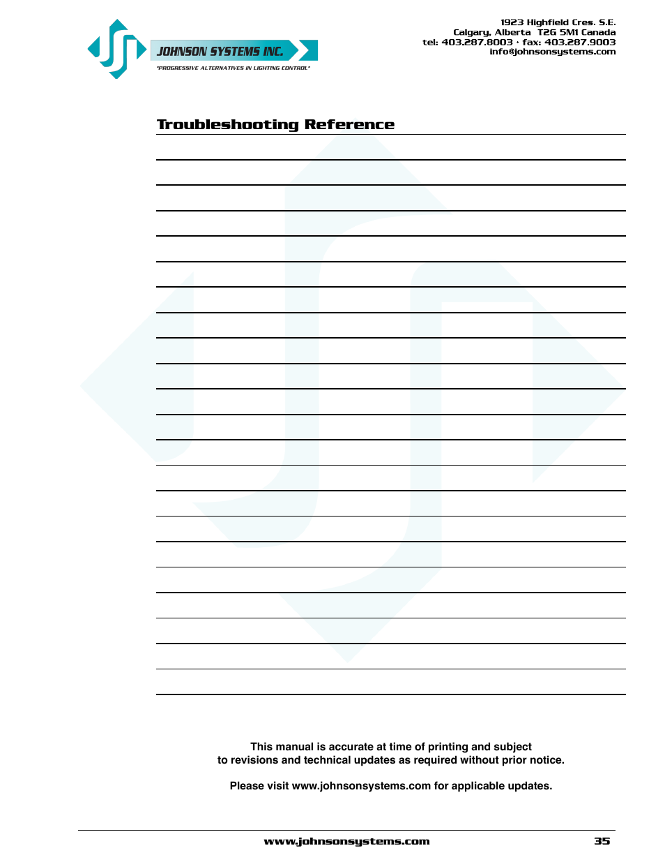 Troubleshooting reference | Johnson Systems EDI-120 Control Retrofit User Manual | Page 35 / 36