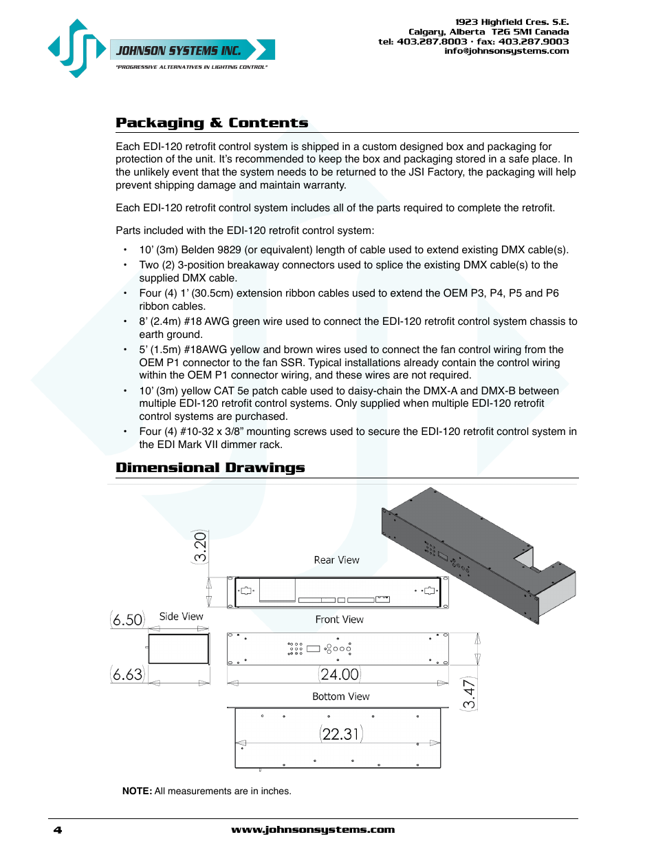 Packaging & contents, Dimensional drawings, Packaging & contents dimensional drawings | Johnson Systems EDI-120 Control Retrofit User Manual | Page 4 / 36