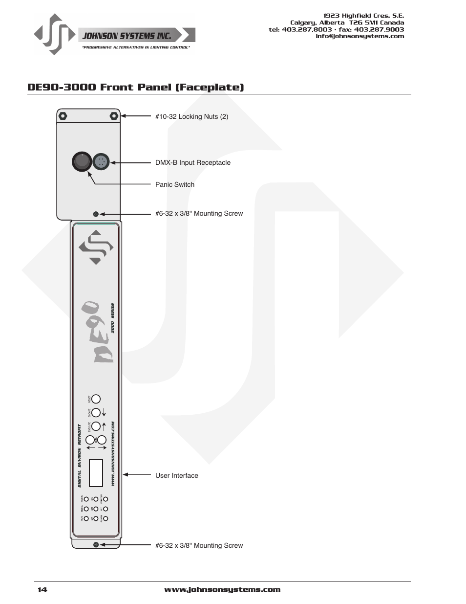 De90-3000 front panel (faceplate) | Johnson Systems DE90-3000 Series Retrofit Control System User Manual | Page 14 / 40