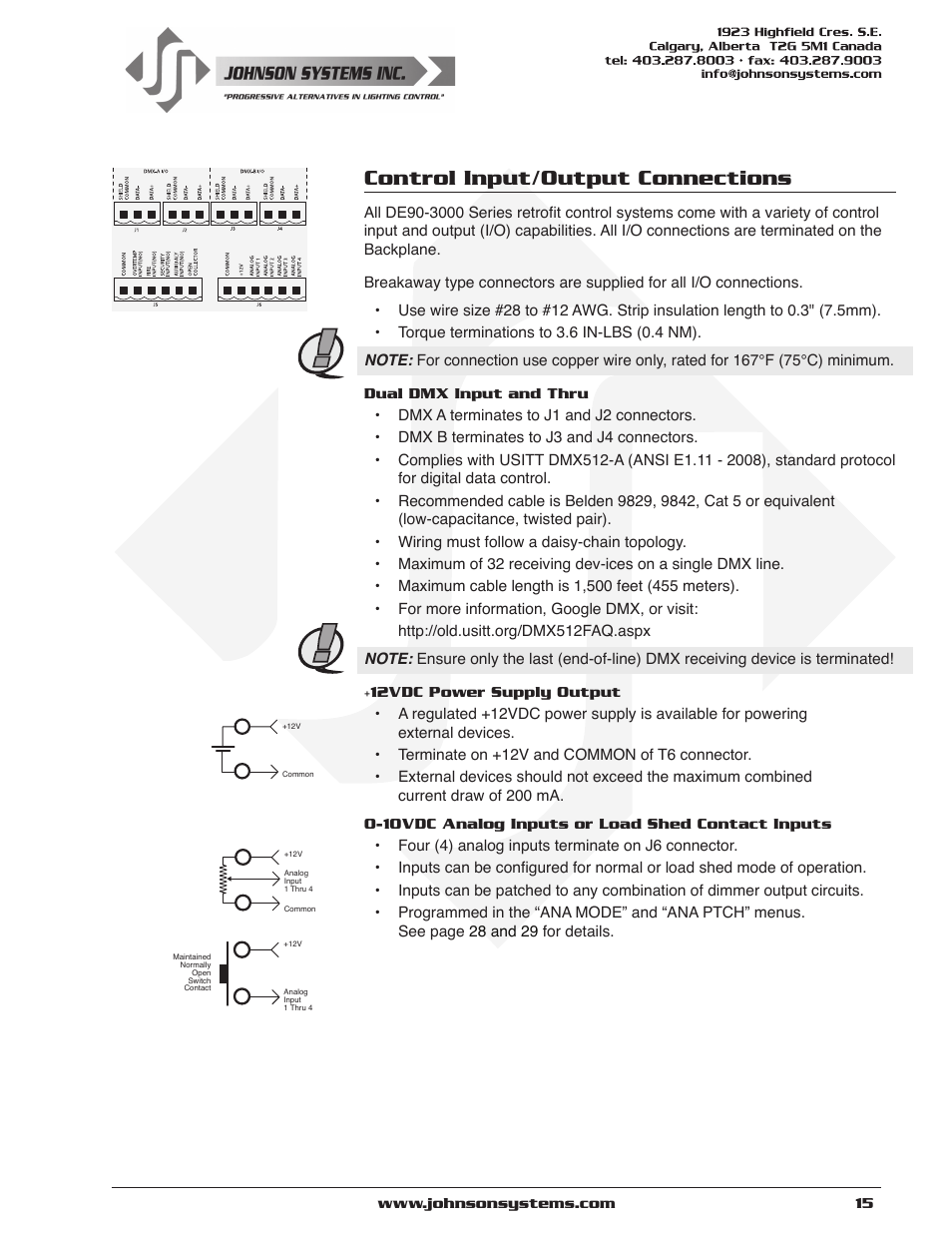 Control input/output connections | Johnson Systems DE90-3000 Series Retrofit Control System User Manual | Page 15 / 40