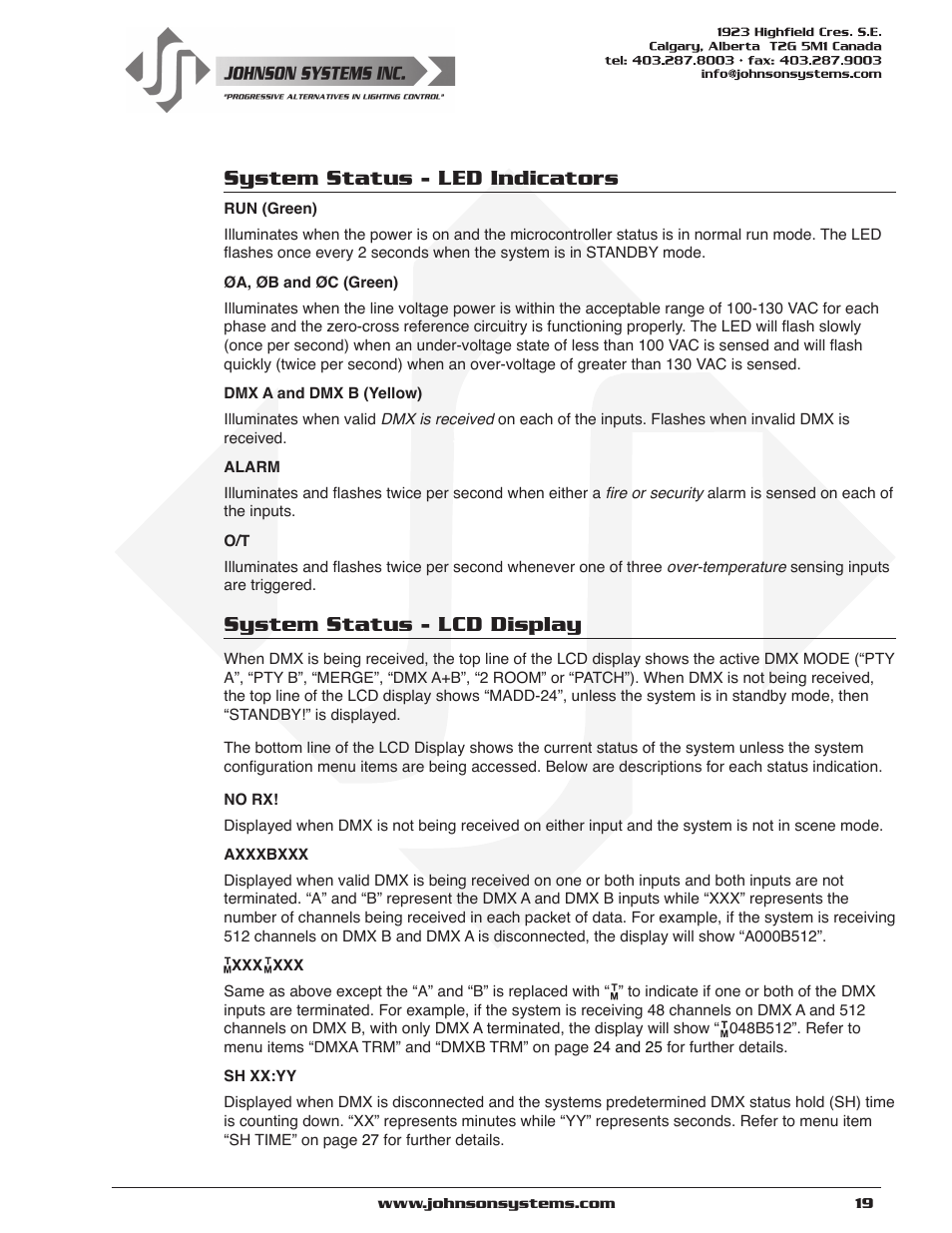 System status - led indicators, System status - lcd display | Johnson Systems DE90-3000 Series Retrofit Control System User Manual | Page 19 / 40