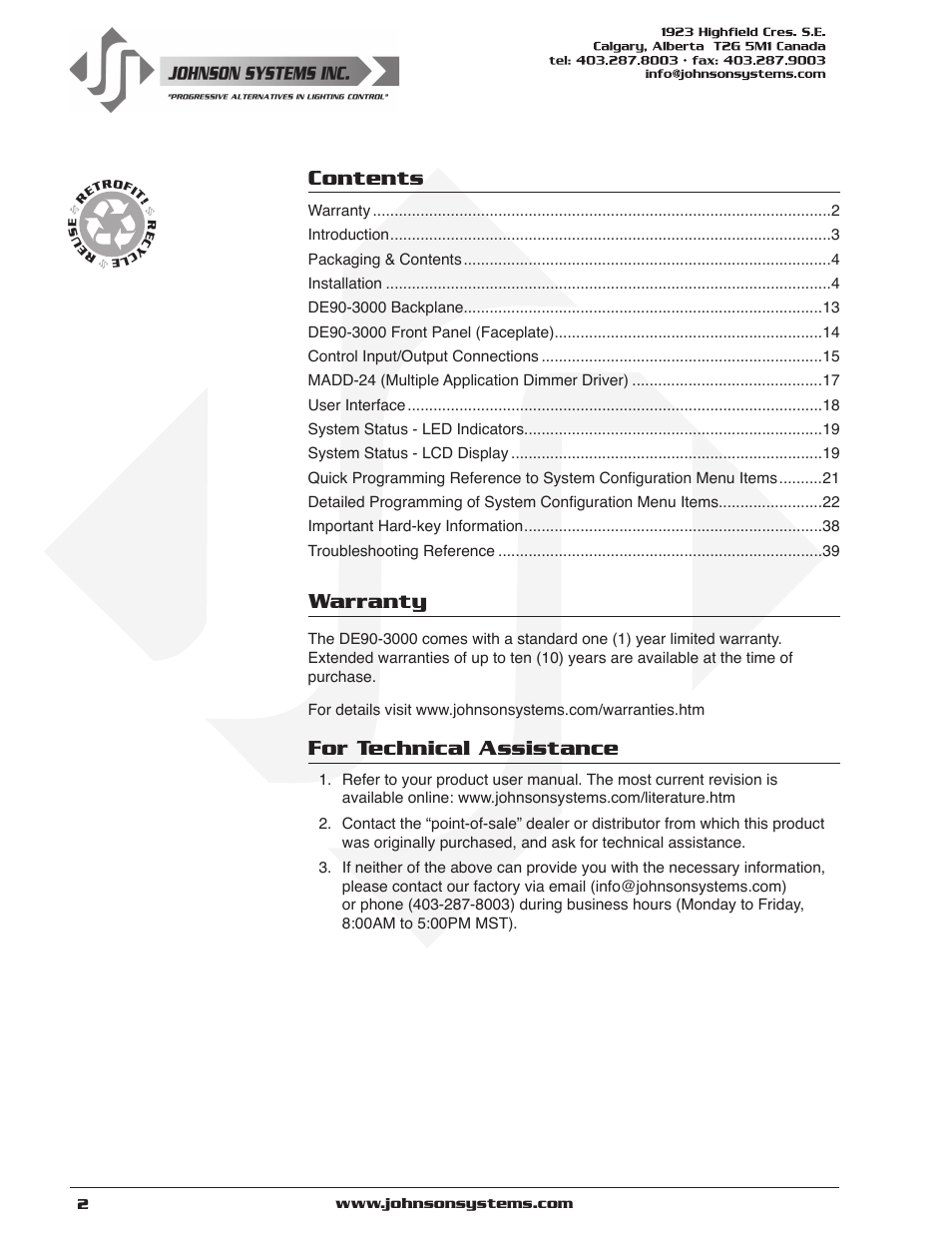 Johnson Systems DE90-3000 Series Retrofit Control System User Manual | Page 2 / 40