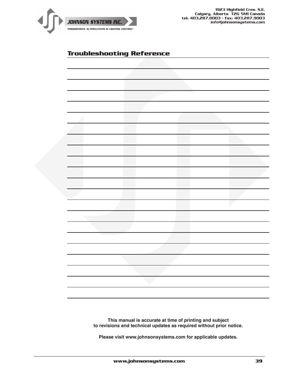 Troubleshooting reference | Johnson Systems DE90-3000 Series Retrofit Control System User Manual | Page 39 / 40