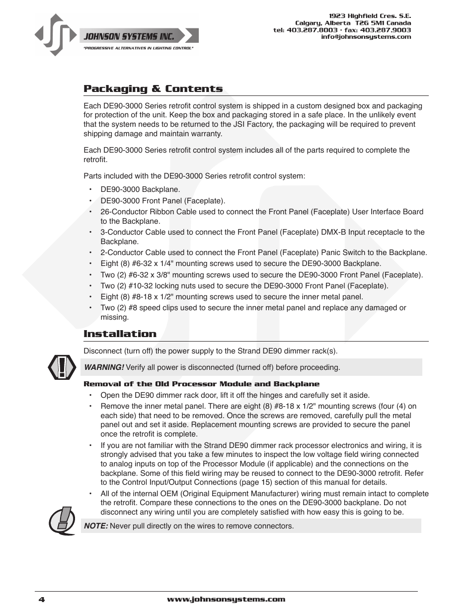 Packaging & contents, Installation, Packaging & contents installation | Johnson Systems DE90-3000 Series Retrofit Control System User Manual | Page 4 / 40