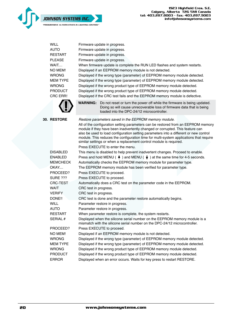 Johnson Systems DPC-24-3000 Series Digital Pack Controller User Manual | Page 20 / 24