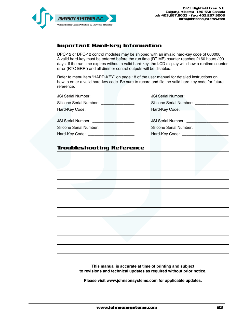 Troubleshooting reference, Important hard-key information | Johnson Systems DPC-24-3000 Series Digital Pack Controller User Manual | Page 23 / 24