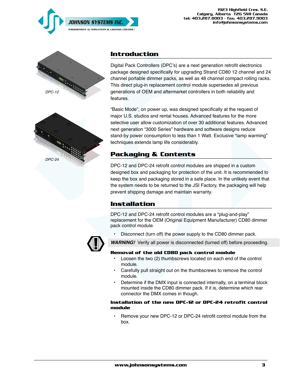 Introduction, Packaging & contents, Installation | Introduction packaging & contents installation | Johnson Systems DPC-24-3000 Series Digital Pack Controller User Manual | Page 3 / 24