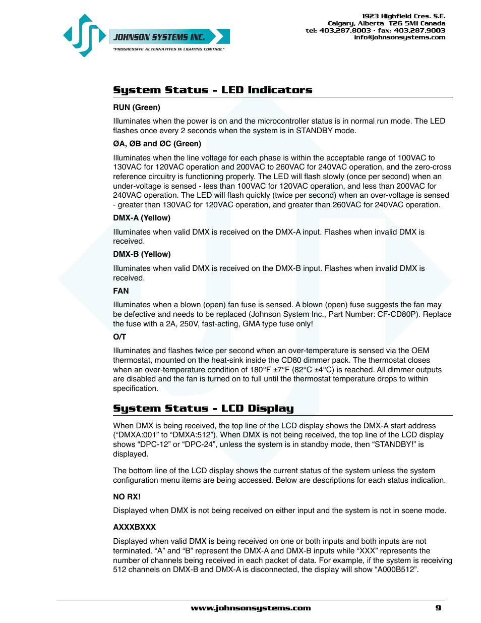 System status - led indicators, System status - lcd display | Johnson Systems DPC-24-3000 Series Digital Pack Controller User Manual | Page 9 / 24