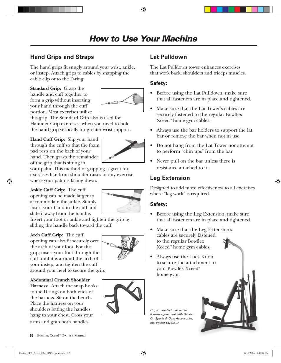 How to use your machine, Hand grips and straps, Lat pulldown | Leg extension | Bowflex Xceed User Manual | Page 12 / 84