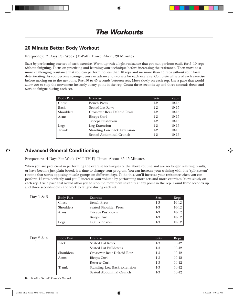 The workouts, 20 minute better body workout, Advanced general conditioning | Bowflex Xceed User Manual | Page 16 / 84