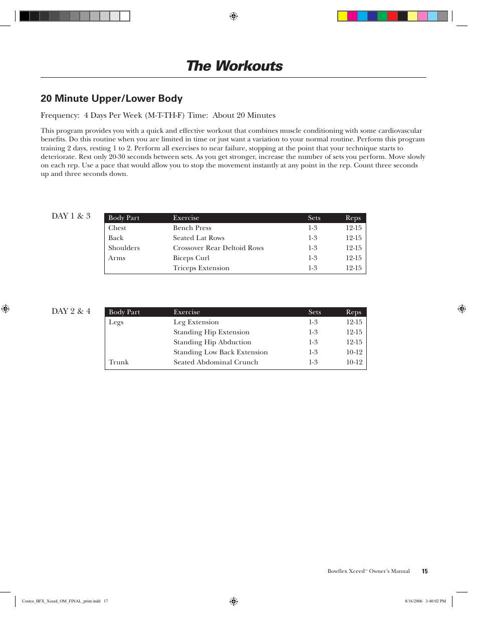 The workouts, 20 minute upper/lower body | Bowflex Xceed User Manual | Page 17 / 84