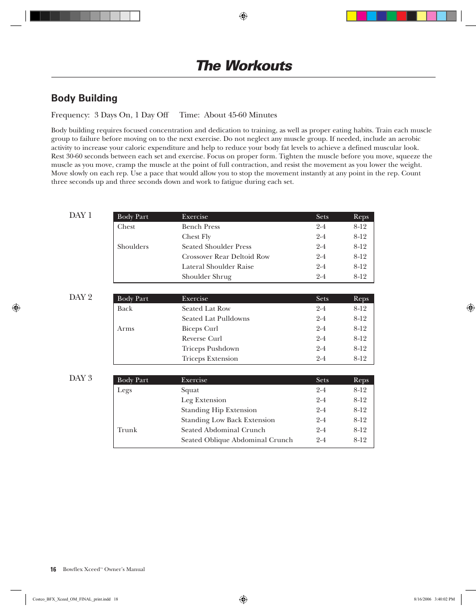 The workouts, Body building | Bowflex Xceed User Manual | Page 18 / 84