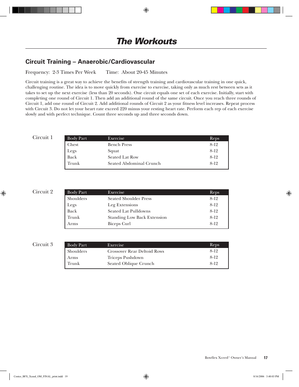 The workouts, Circuit training – anaerobic/cardiovascular | Bowflex Xceed User Manual | Page 19 / 84