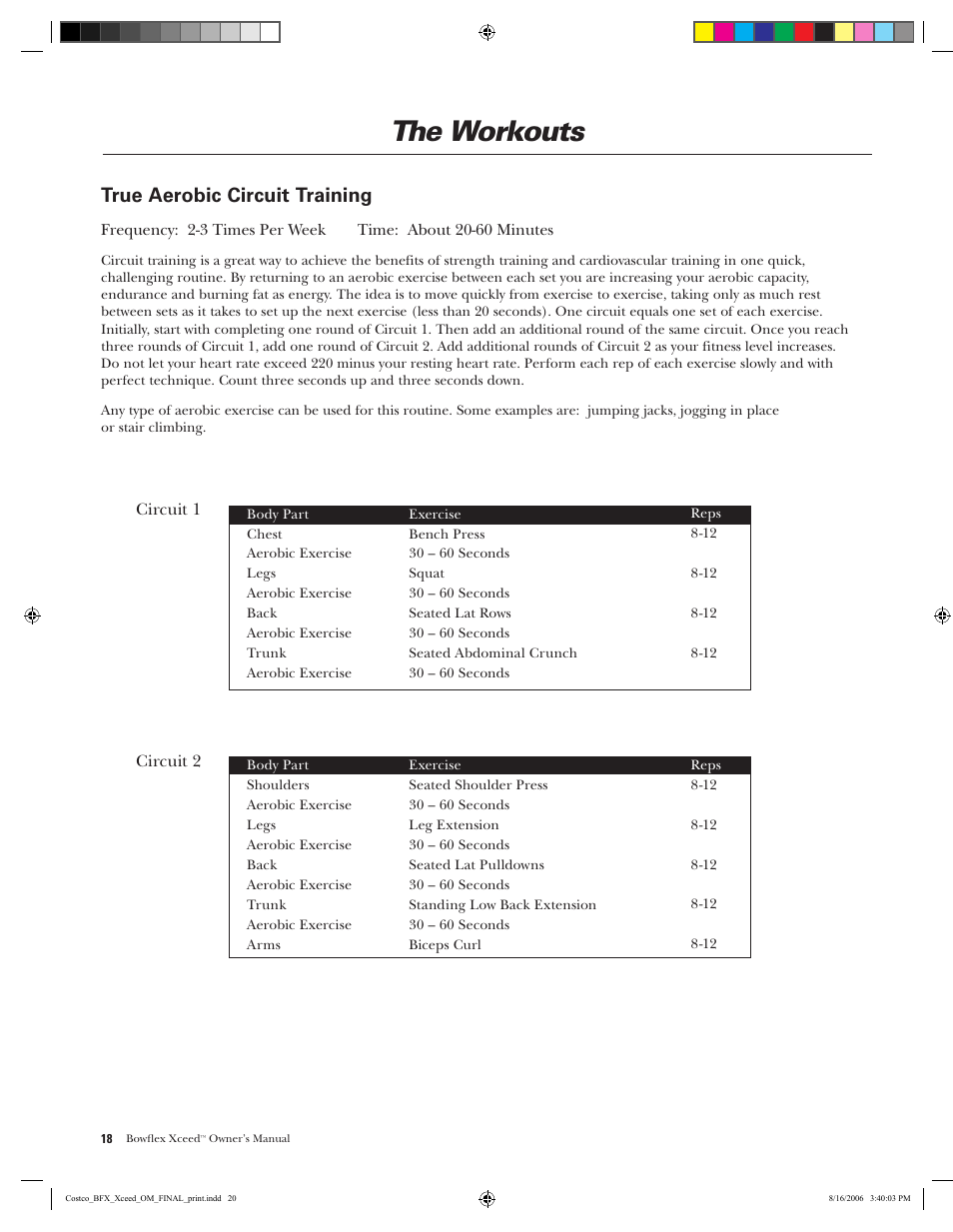 The workouts, True aerobic circuit training | Bowflex Xceed User Manual | Page 20 / 84