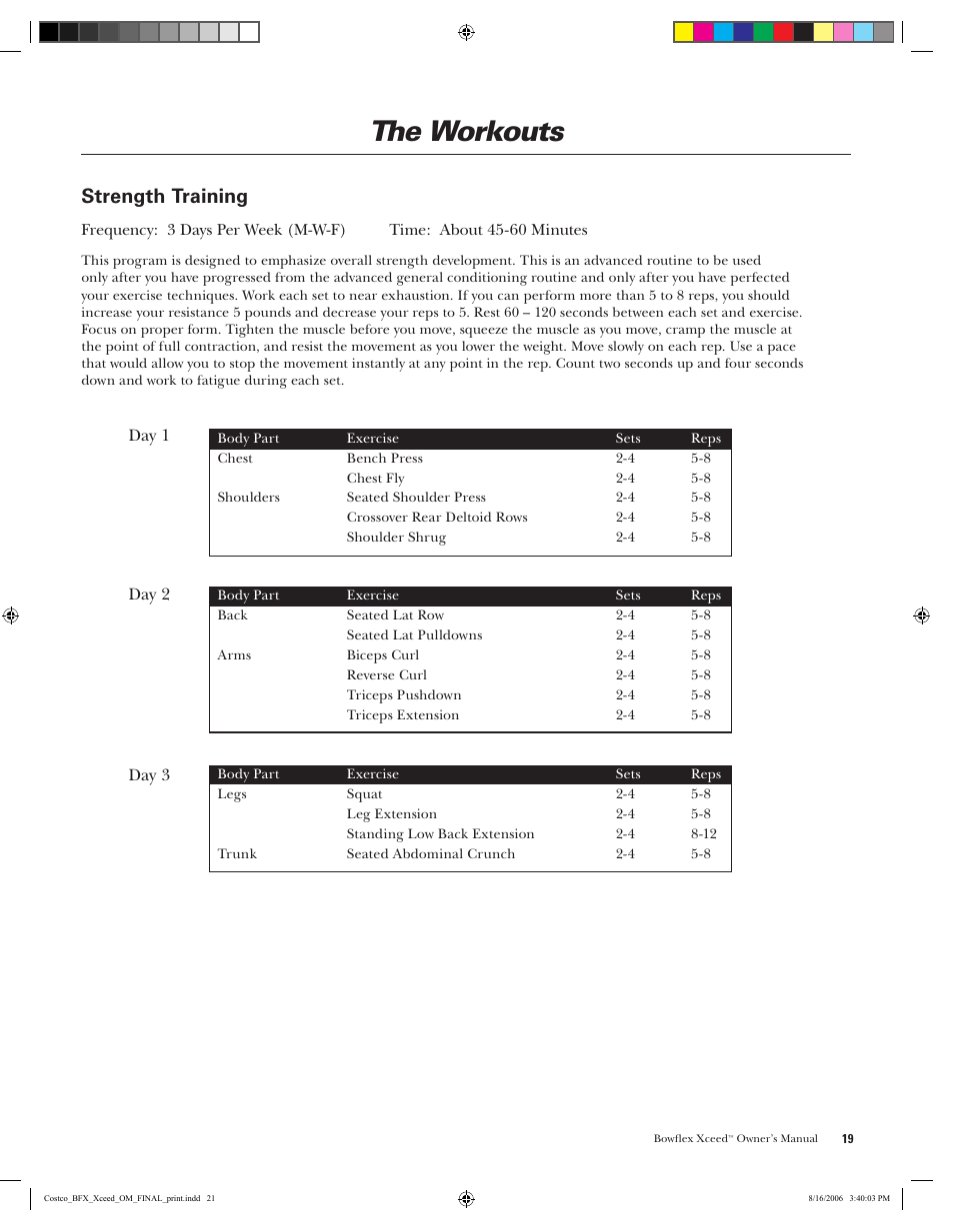 The workouts, Strength training | Bowflex Xceed User Manual | Page 21 / 84