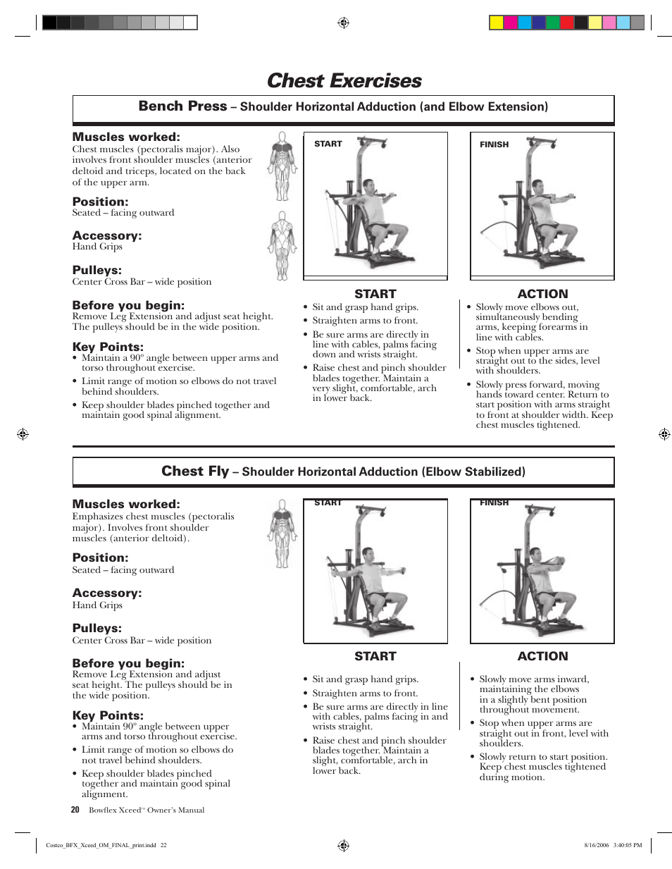 Chest exercises, Bench press, Chest fly | Bowflex Xceed User Manual | Page 22 / 84