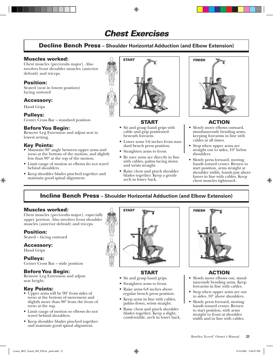 Chest exercises, Decline bench press, Incline bench press | Bowflex Xceed User Manual | Page 23 / 84