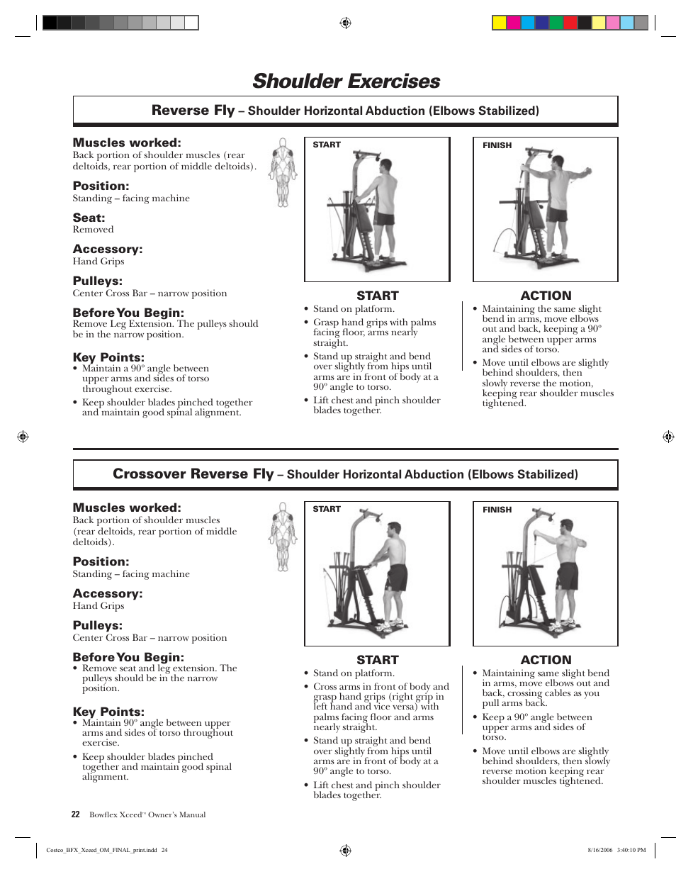 Shoulder exercises, Reverse fly, Crossover reverse fly | Bowflex Xceed User Manual | Page 24 / 84