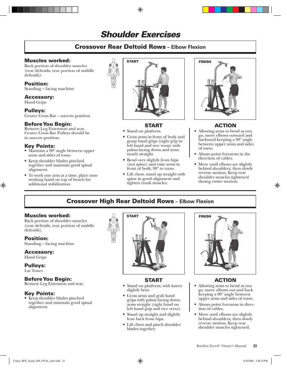 Shoulder exercises, Crossover rear deltoid rows, Crossover high rear deltoid rows | Bowflex Xceed User Manual | Page 25 / 84