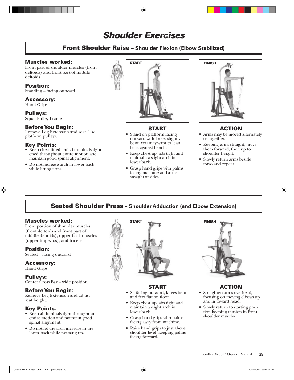 Shoulder exercises, Front shoulder raise, Seated shoulder press | Bowflex Xceed User Manual | Page 27 / 84