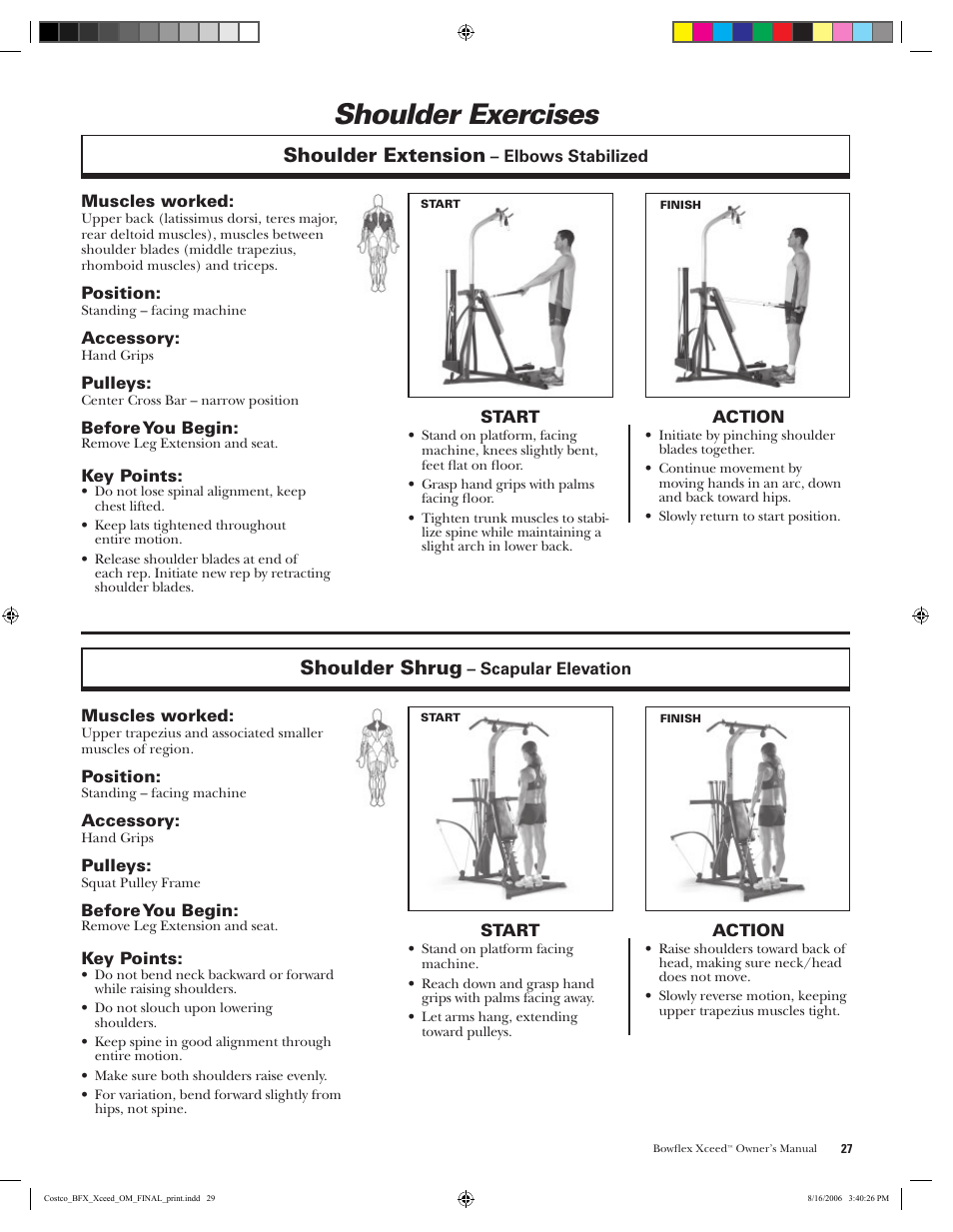 Shoulder exercises, Shoulder extension, Shoulder shrug | Bowflex Xceed User Manual | Page 29 / 84
