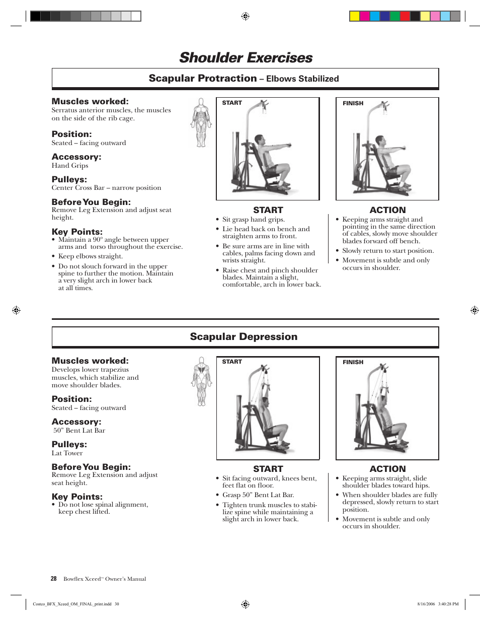 Shoulder exercises, Scapular protraction, Scapular depression | Bowflex Xceed User Manual | Page 30 / 84